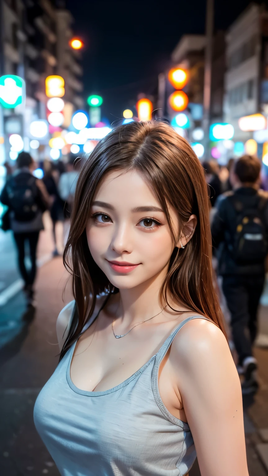 1 girl, Tokyo Street,night, Streetscape,City lights,Upper Body,close,smile,, (8k, RAW Photos, Highest quality, masterpiece:1.2),(Realistic, photo-Realistic:1.37),