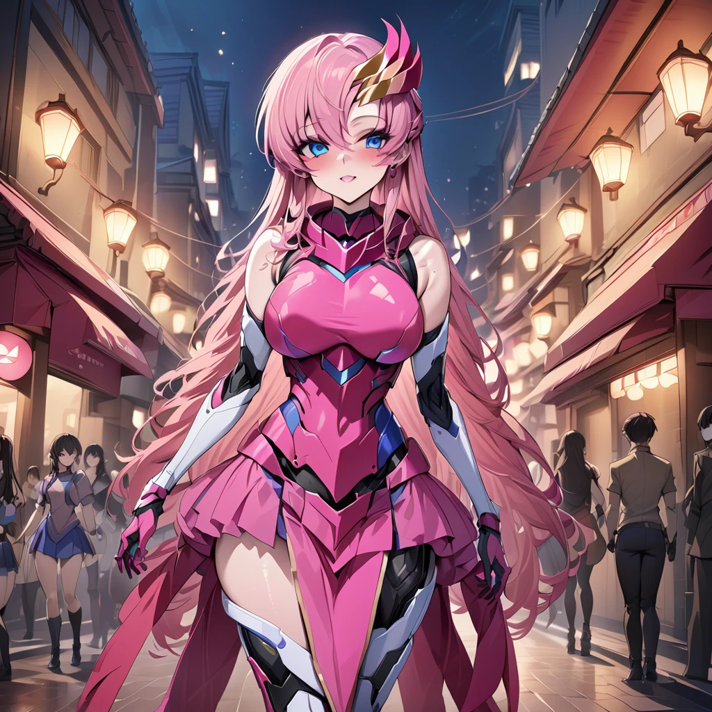 ((Highest quality)), ((masterpiece)), (detailed), （Perfect Face）、The cyborg woman is Lacus Clyne, a beautiful female warrior with blue eyes, semi-long pink hair, and a cyborg body that is mechanized except for her head.、There is a female cyborg in the city of the near future at night.