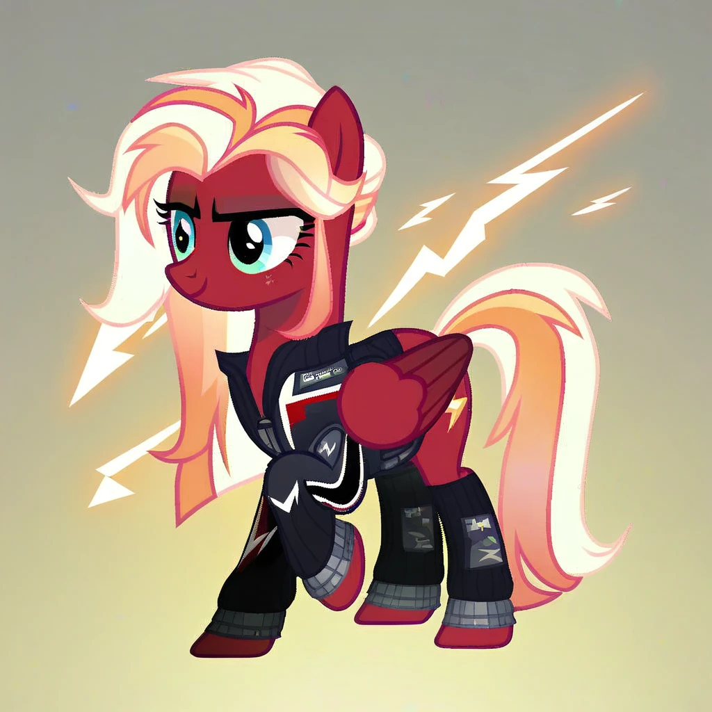 score_9, score_8_up, score_7_up, score_6_up, score_5_up, score_4_up, show accurate, full body, simple background, feral pony, female pony, beautiful appearance, outfit, competitive look, cutiemarck of a cloud with lightning, pegasus, original character