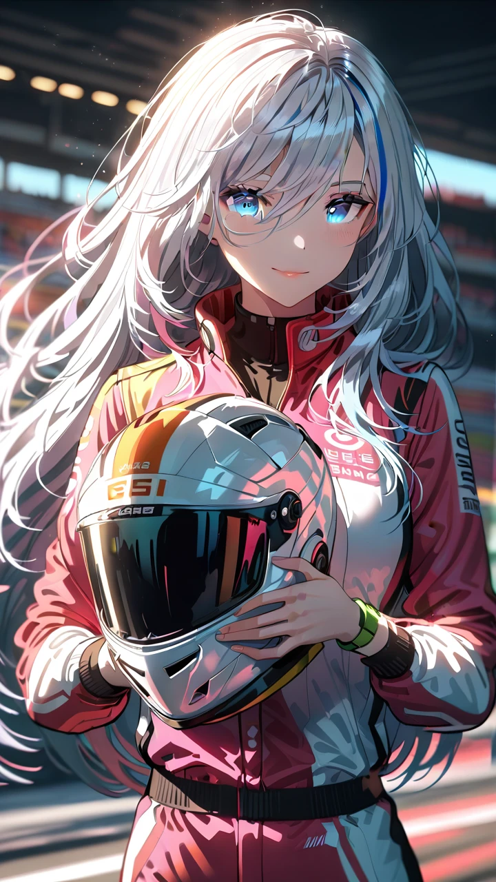 1girl, blue eyes, smile, split-color hair:1.3, long hair, pink racing suit , pale skin, holding helmet,  truck, race track, sunshine, dramatic lighting, soft shadow, masterpiece, best quality, safe, SFW, very aesthetic, recent, absurdres, highres, lighting, glowing,