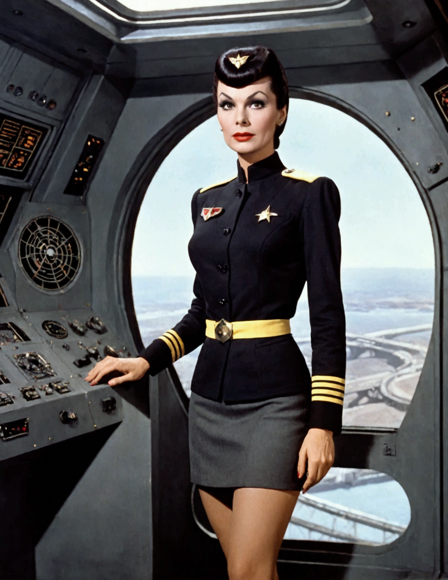 1 woman (Vampira Maila Nurmi, age 25, star fleet mini skirt uniform), visiting the bridge of the Enterprise to advise Captain Kirk
