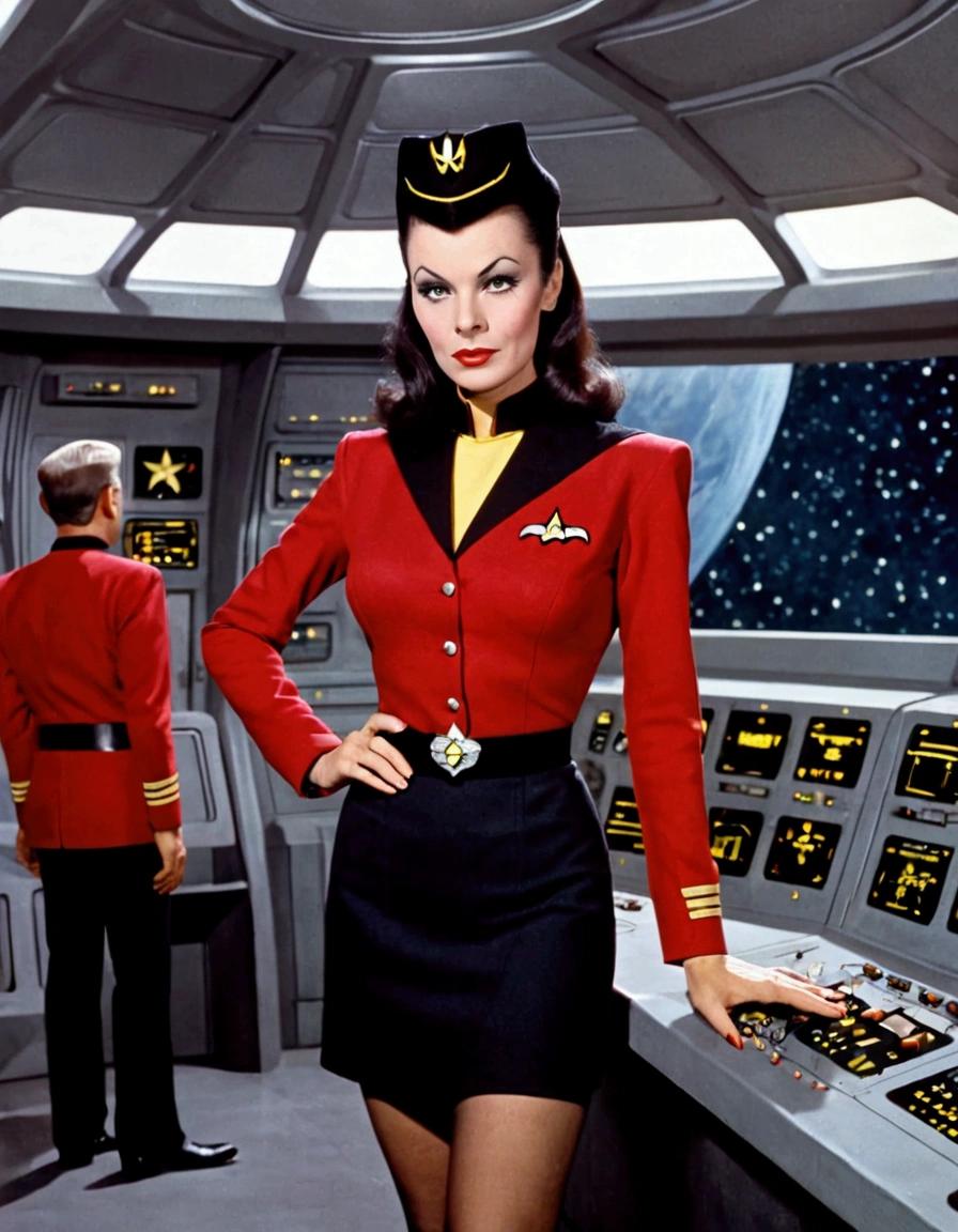 1 woman (Vampira Maila Nurmi, age 25, star fleet mini skirt uniform), visiting the bridge of the Enterprise to advise Captain Kirk
