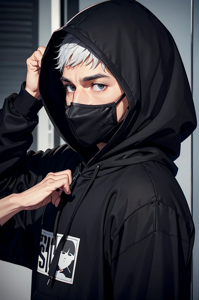 The killer, a 30-year-old man, wore a mask covering his entire face. Wears a black outfit and a white hoodie, has gray hair and short hair.