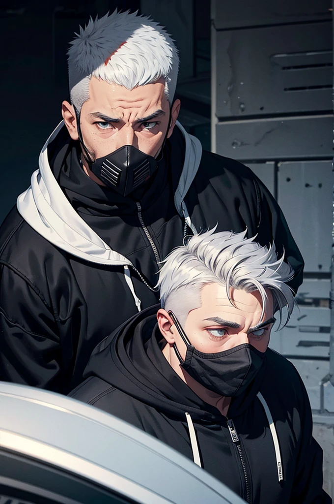 The killer, a 30-year-old man, wore a mask covering his entire face. Wears a black outfit and a white hoodie, has gray hair and short hair.
