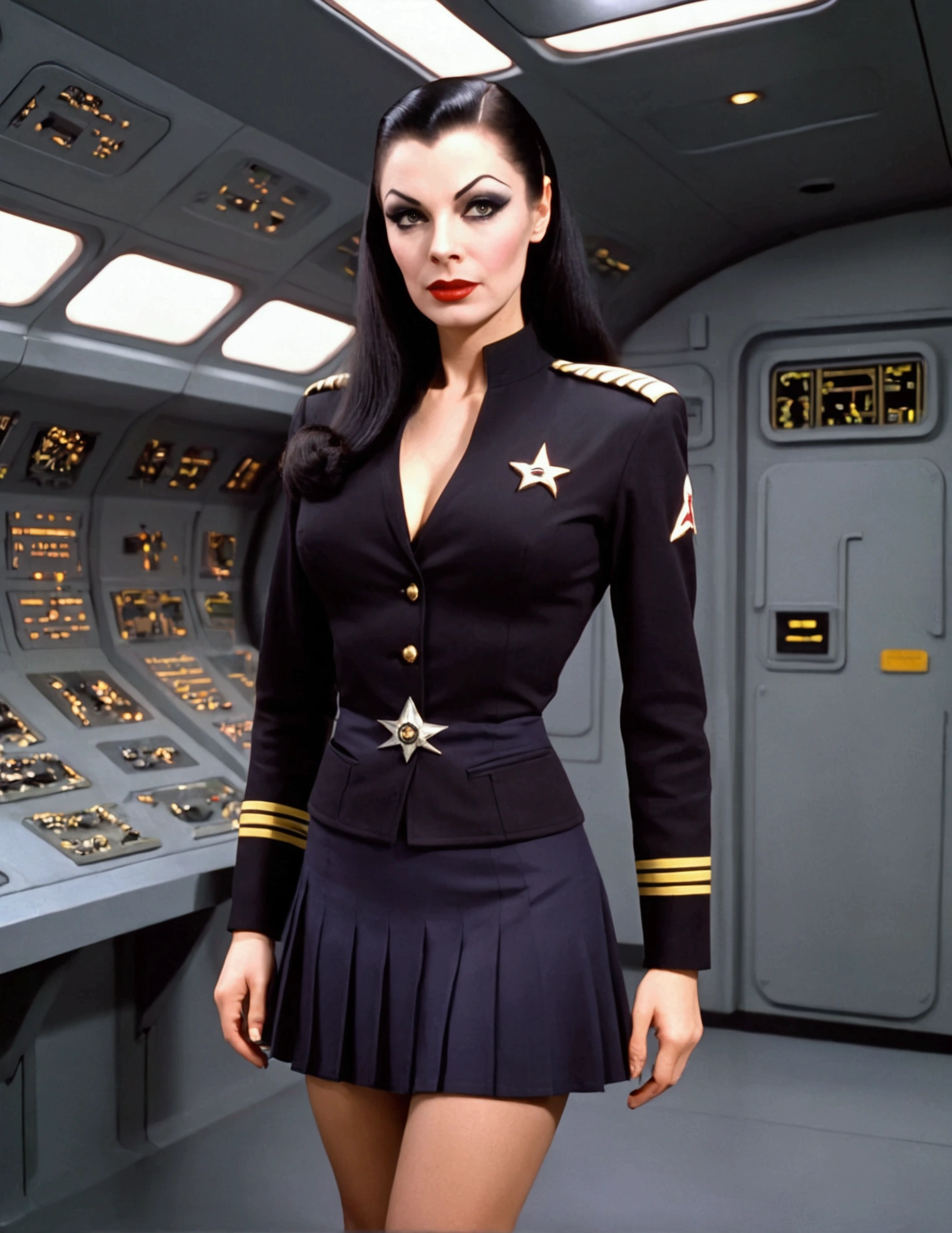 1 woman (Vampira Maila Nurmi, age 25, star fleet mini skirt uniform), visiting the bridge of the Enterprise to advise Captain Kirk