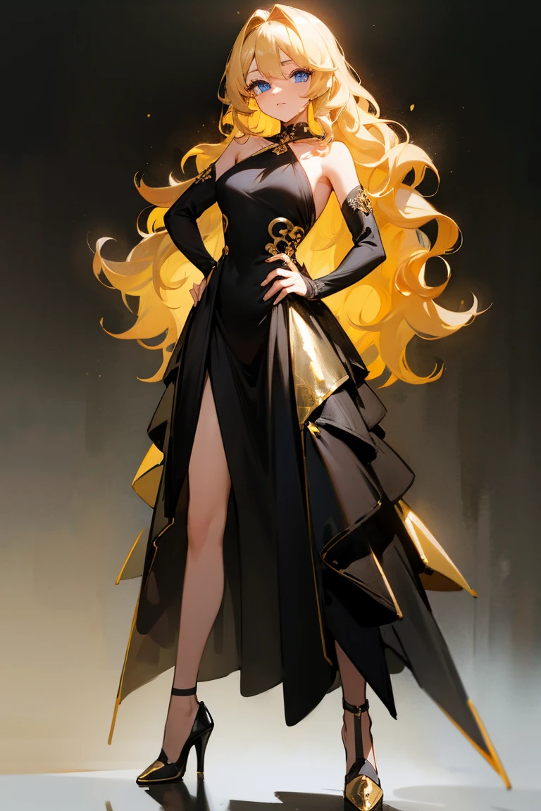 1female, blonde hair, blue eyes, wavy hair down to shoulders, black and gold dress, black heels, foggy background, standing, one hand on hip