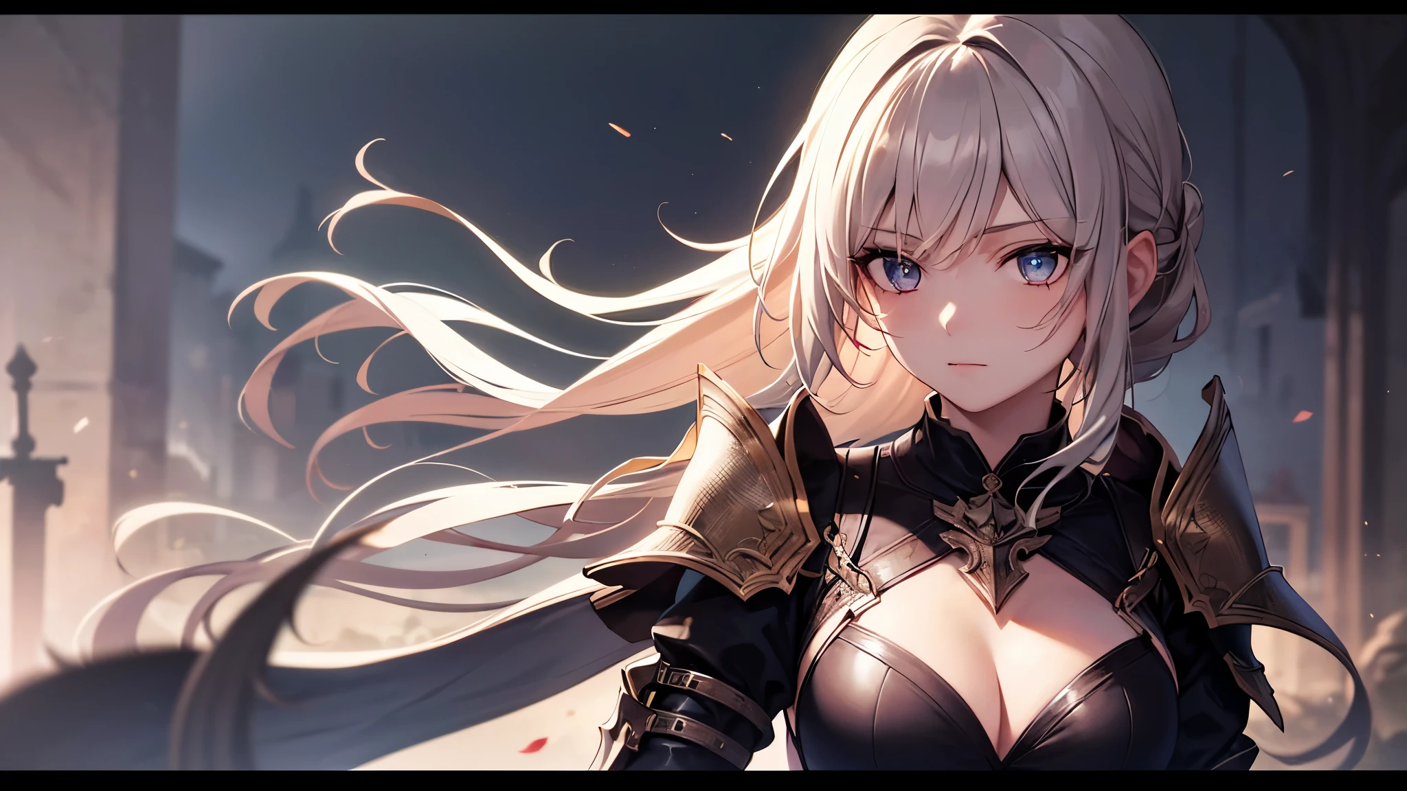 Highest quality, 8k, 4K, High resolution, High Contrast,1girl,only,Beautiful colorful hair,Half Up Hair,(Beautifully detailed face),Red, clear eyes, beautiful eyes, The upper body is visible,20generation, Beautiful breasts, Gothic, knight armor, battlefield, Beautiful background, Dynamic Pose