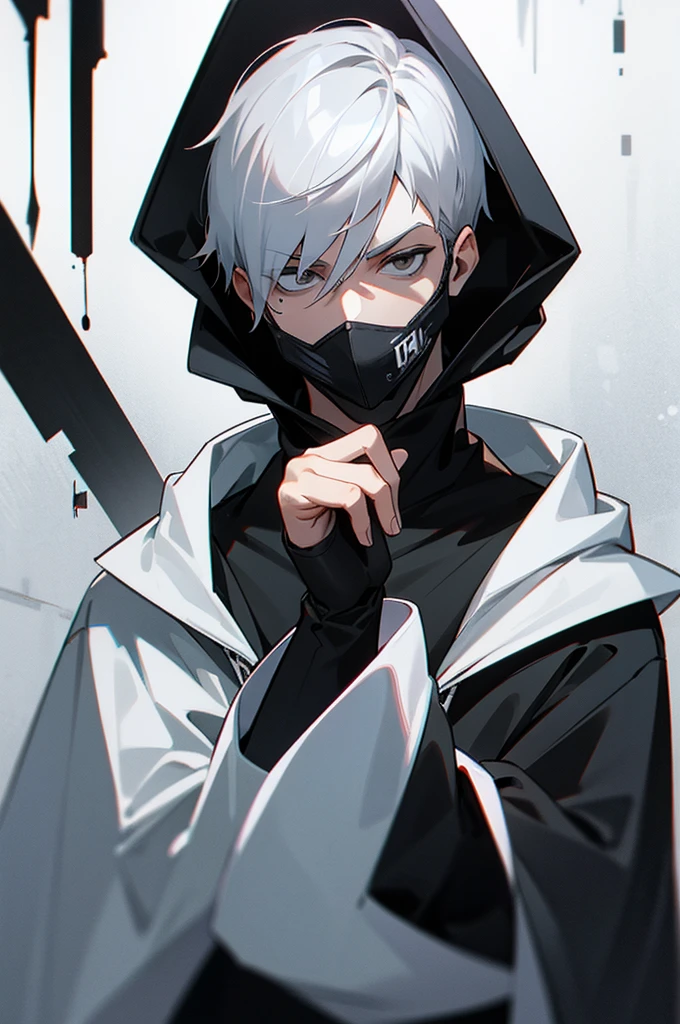 The killer, a man in his 30s, wore a mask to cover his face. Wears a black outfit and a white hoodie, has gray hair and short hair.