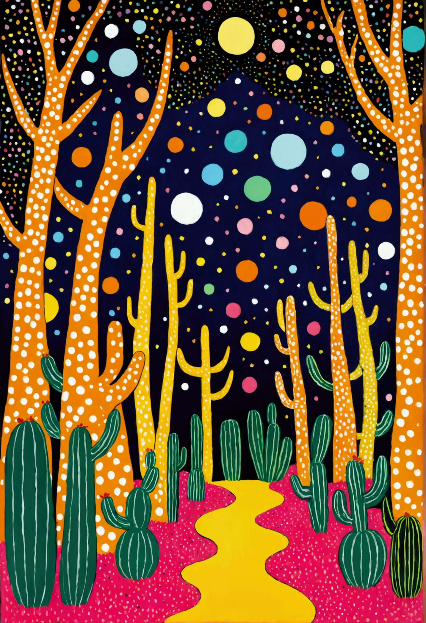 Dot、line、Neon,cactus,firefly,Dreamy colors,Illustration style(Artists can refer to Yayoi Kusama)