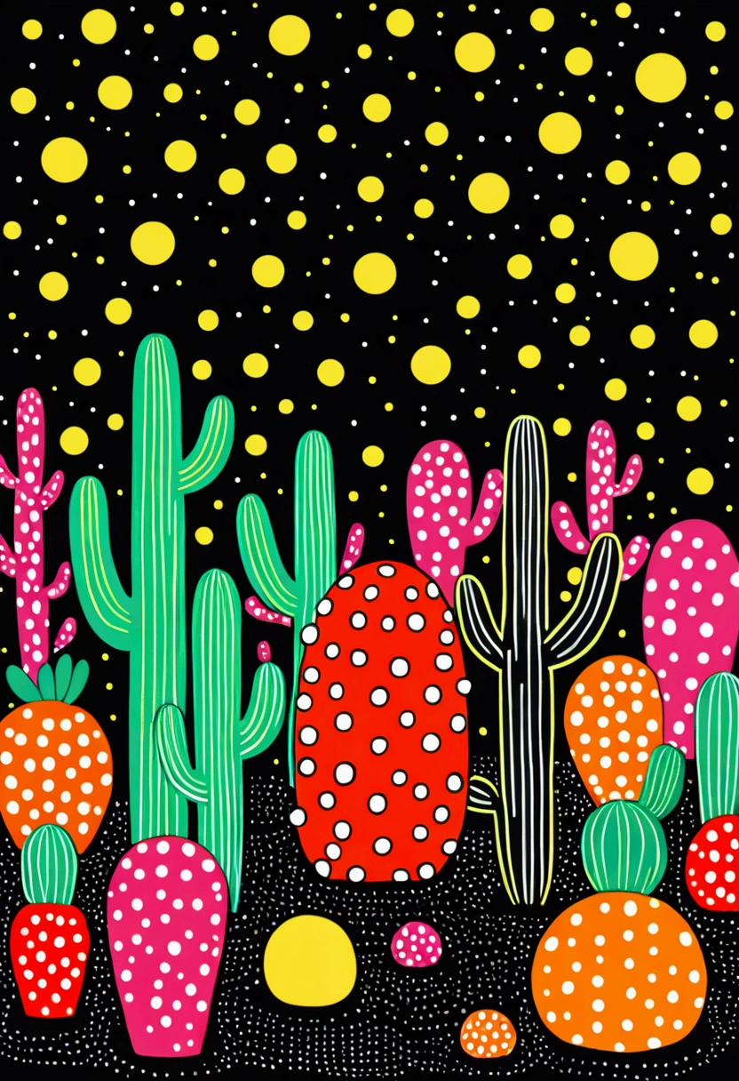 Dot、line、Neon,cactus,firefly,Dreamy colors,Illustration style(Artists can refer to Yayoi Kusama)