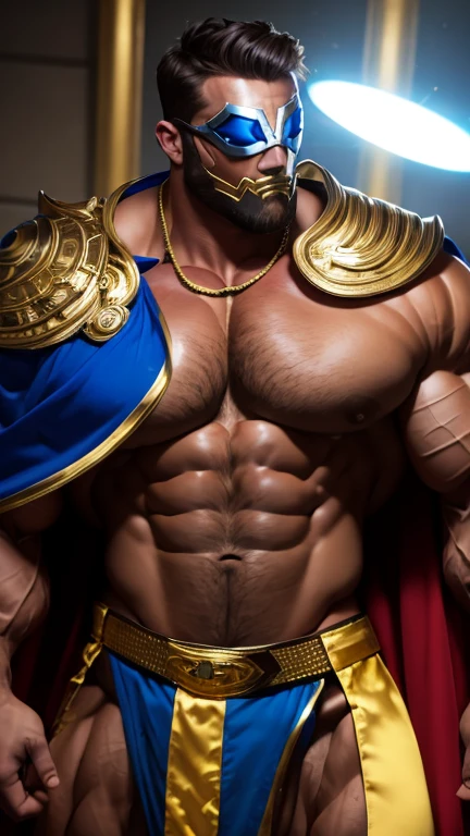 Dressed as the masked superhero “Mental Mind”, wearing a metal eyemask. a very handsome, sweet and truly massive bare-chested monster Caucasian bodybuilder is showing off his huge bicep muscles and meaty thighs. Intense 50 year old man. brown hair, powerfully muscled, massive shoulders and biceps. well-defined six pack and large bulge in his crotch. Thick gold necklace, cape. Eyes glowing bright blue with psychic energy, with a halo of energy around his head. Dressed in blue and gold colours.