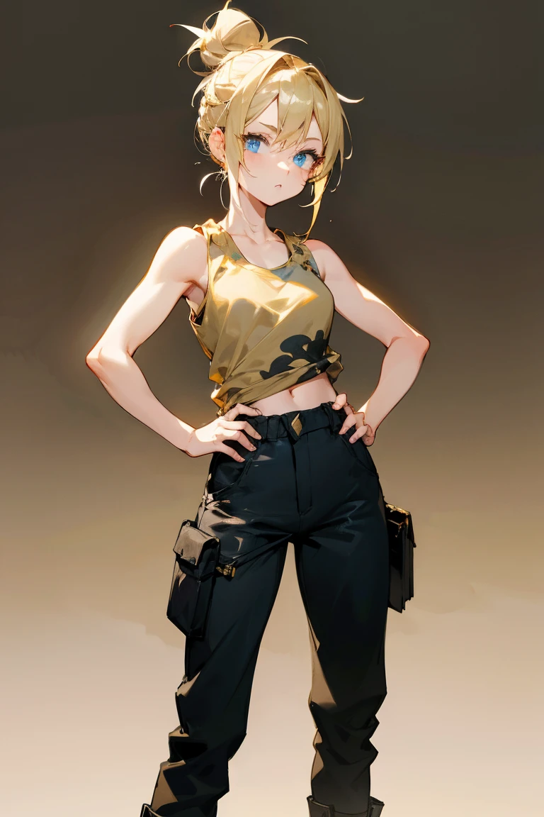 1female, blonde hair, blue eyes, messy bun, white tank top, black cargo pants with gold designs, black combat boots, foggy background, standing, hands on hips