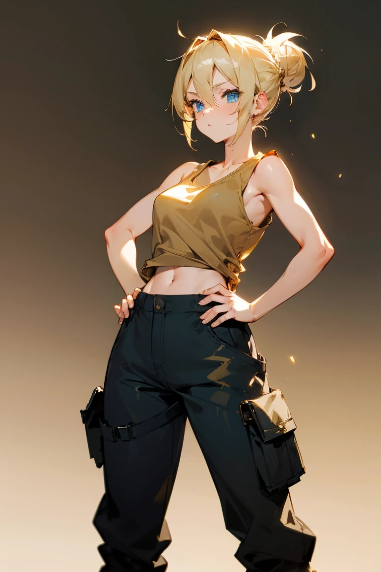 1female, blonde hair, blue eyes, messy bun, white tank top, black cargo pants with gold designs, black combat boots, foggy background, standing, hands on hips