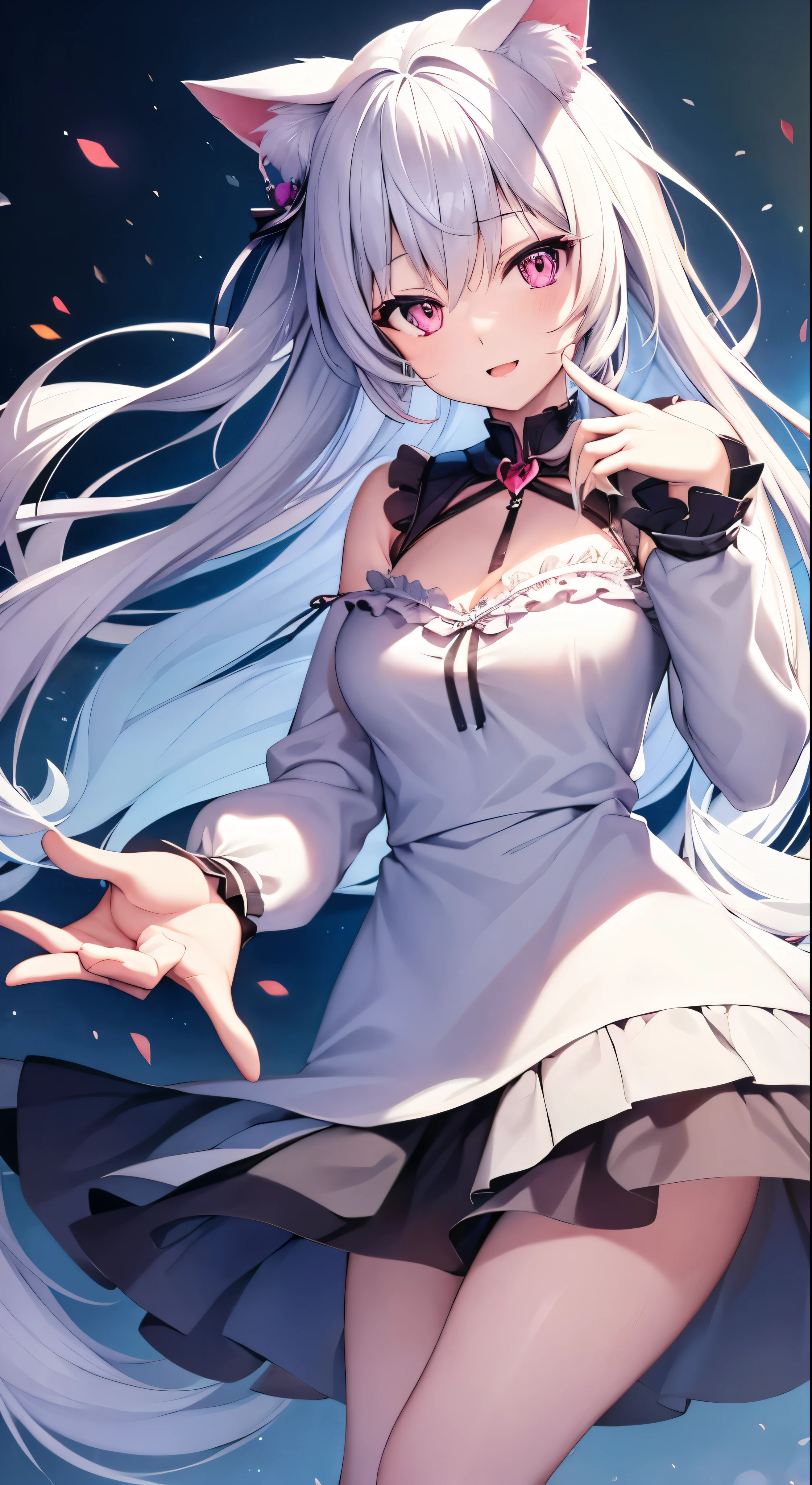 An anime girl with a pair of Cat ears, the inside of the ears a soft white fluff, her eyes wide and curious, she Excited and happy to see me, beautiful eyes, white hair, pink eyes, good art, good drawing, anime 2d, 2d, cute, 2 hands and 5 fingers on each hand, beautiful hands, good drawn hands, 4k, 8k,
