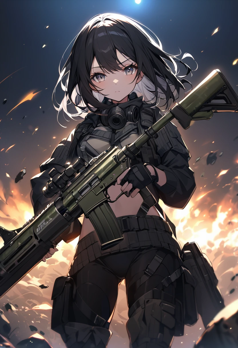 a beautiful young girl with long, shiny black hair, glowing hair, wearing a bikini, gas mask, holding a heavy weapon like an M4A1 assault rifle or machine gun, against a moonlit background