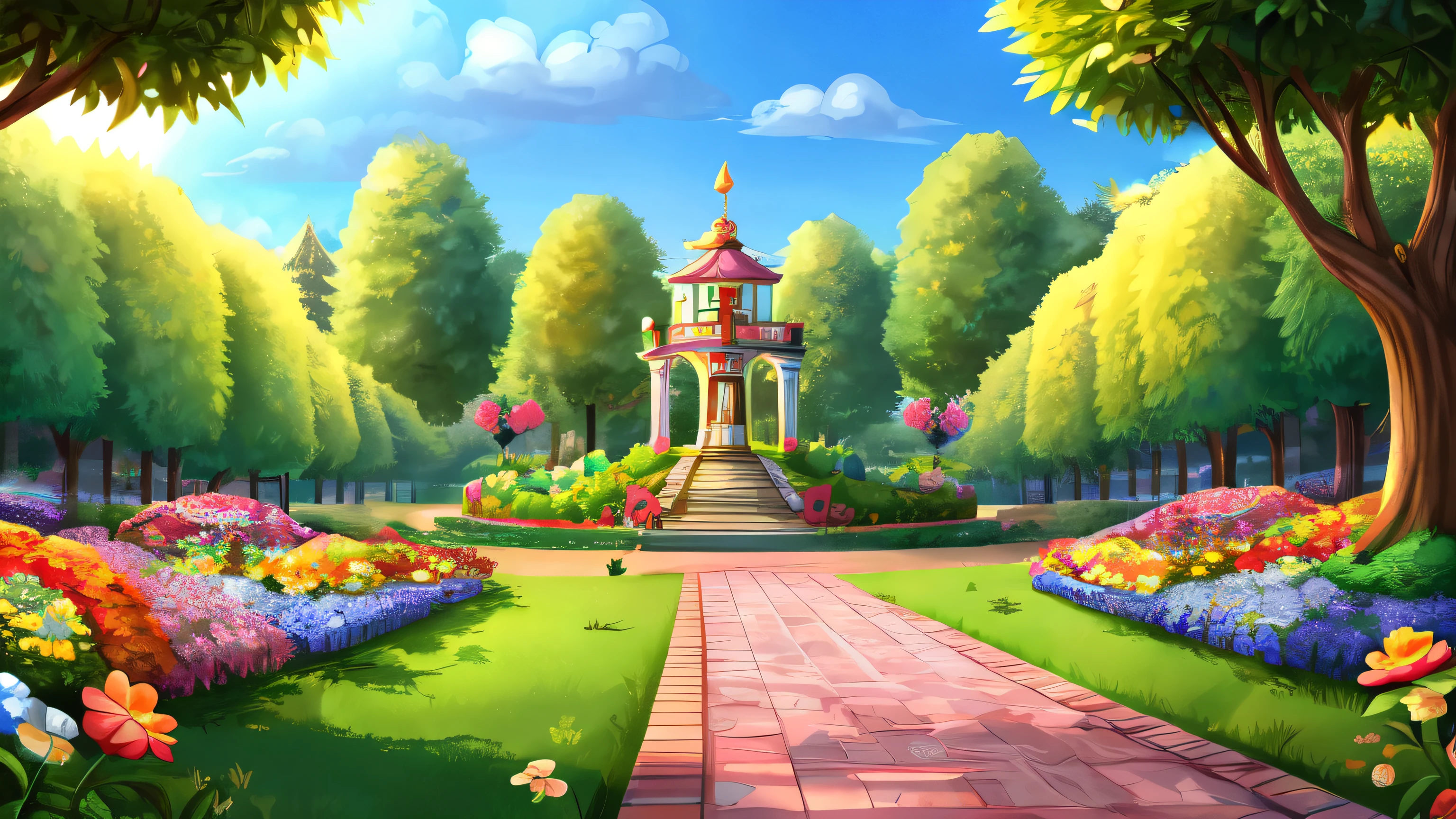 Cartoon illustration of garden with flowers, royal Garden background, background art, park background, background artwork, mobile game background, Garden background, 2D game art background,sunny park background, 2D game environment design