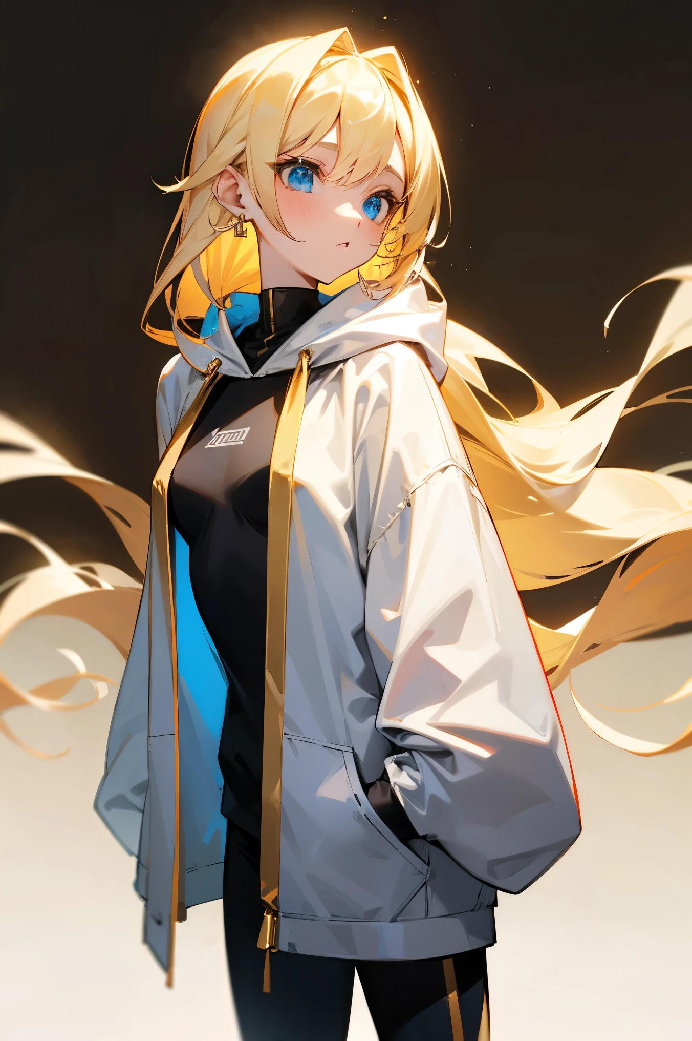 1female, blonde hair, blue eyes, long straight hair, white hoodie, black leggings, gold earrings, foggy background, standing, hands at sides
