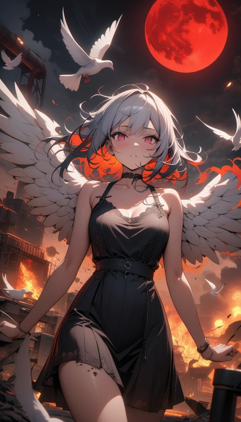 ((best quality)) , ((masterpiece)) , (detailed),Color splash, Ghostly Astronaut (Li Gong:1.3) , wearing Shabby Chic Wrap dress, has metallic plating, Colored hair, Fossil fuel power station in background,beautiful detailed glow, floating ashes, beautiful and detailed explosion, red moon, fire, fire cloud, wings on fire, a cloudy sky, smoke of gunpowder, burning, black dress, dove of peace, (floating cloud:1.2)