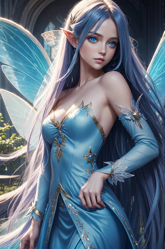 (((Fairy female))), blue eyes, long hair, giant wings, portrait, masterpiece.