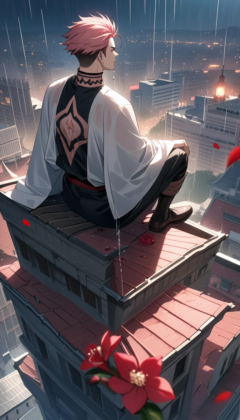 A 25 year old adult man, named "Royaman Sukuna" with pink hair, with a distinctive chiri diwaja tattoo, was sitting on top of the city tower, with the effect of falling rain water drenching him, and red orchid flower petals flying.