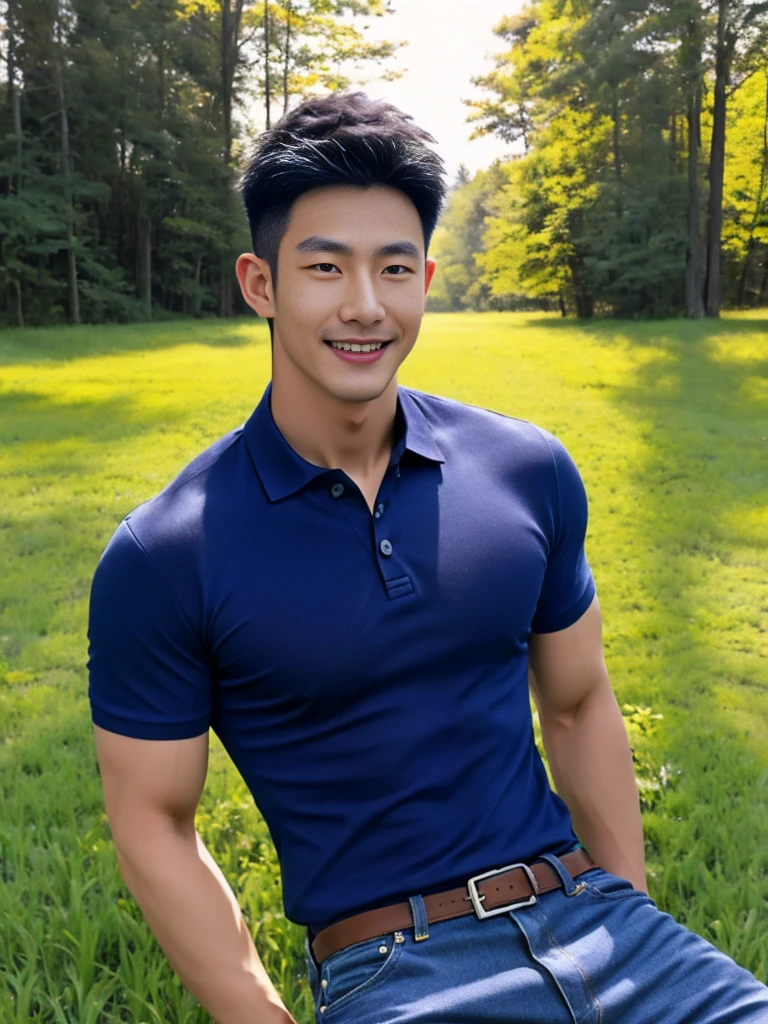 ((realistic daylight)) , Young Korean man in a navy blue polo shirt only, no stripes, and jeans., A handsome, muscular young Asian man looks at the camera.  , in the meadow wheat ,turn sideways, smile