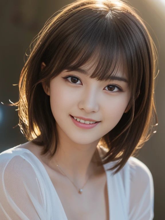 (highest quality,8K quality,masterpiece:1.3),(ultra high resolution,photorealistic:1.4,Live shooting),(Super detailed,caustics),(ultra-realistic capture,Beautifully detailed skin),19-year-old,beautiful Japanese, medium hair, messy hair, asymmetrical bangs, brown hair, Smiling and looking at the camera,soft light,A ray of light shining from above,Natural light,