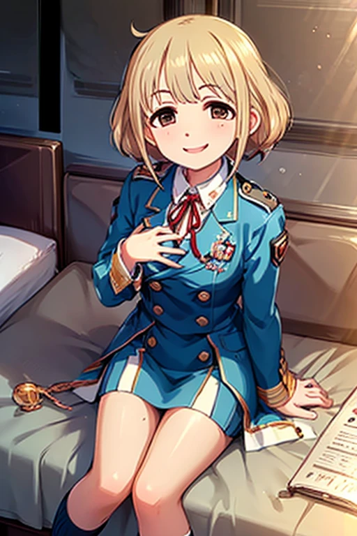 masterpiece, Highest quality, look up, Looking at the audience, smile, short hair, blonde, Red ribbon in hair, (uniform:1.2), Hotel,A seductive smile ,Dirty Face,Sit on the bed, The chest is exposed, Extreme close up, Very elaborate fingers, Very thin needles