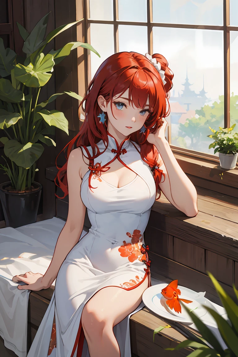 (top quality、masterpiece、very high resolution、super high quality、High quality pixels)、perfect eyes, perfect face, alone,alone, 8k, big breasts,(Detailed description of hair), (Detailed description of face),(detailed description of body), Fair and translucent skin, Gorgeous, long legs, facing the audience, Professional photography lighting, Orange-red hair, A small braid on the right side, red eyes, dynamic angle, (correct anatomy, ideal body proportions), orange hair, orange eye, chinese style clothes, girlfriend ssmile