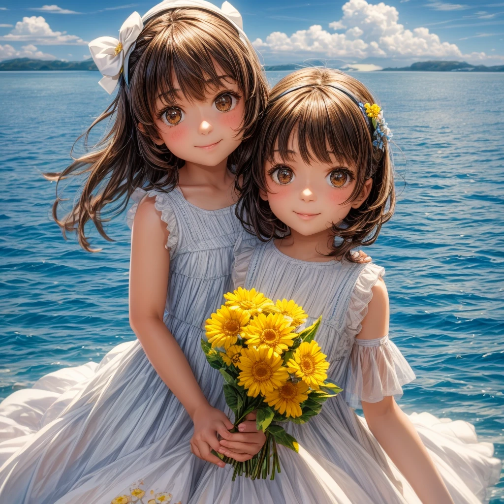 Cute brown eyes 10 year old girl wearing white floral dress with yellow and navy blue flowers