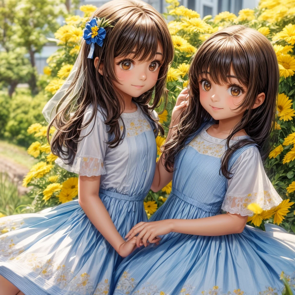 Cute brown eyes  girl wearing white floral dress with yellow and navy blue flowers