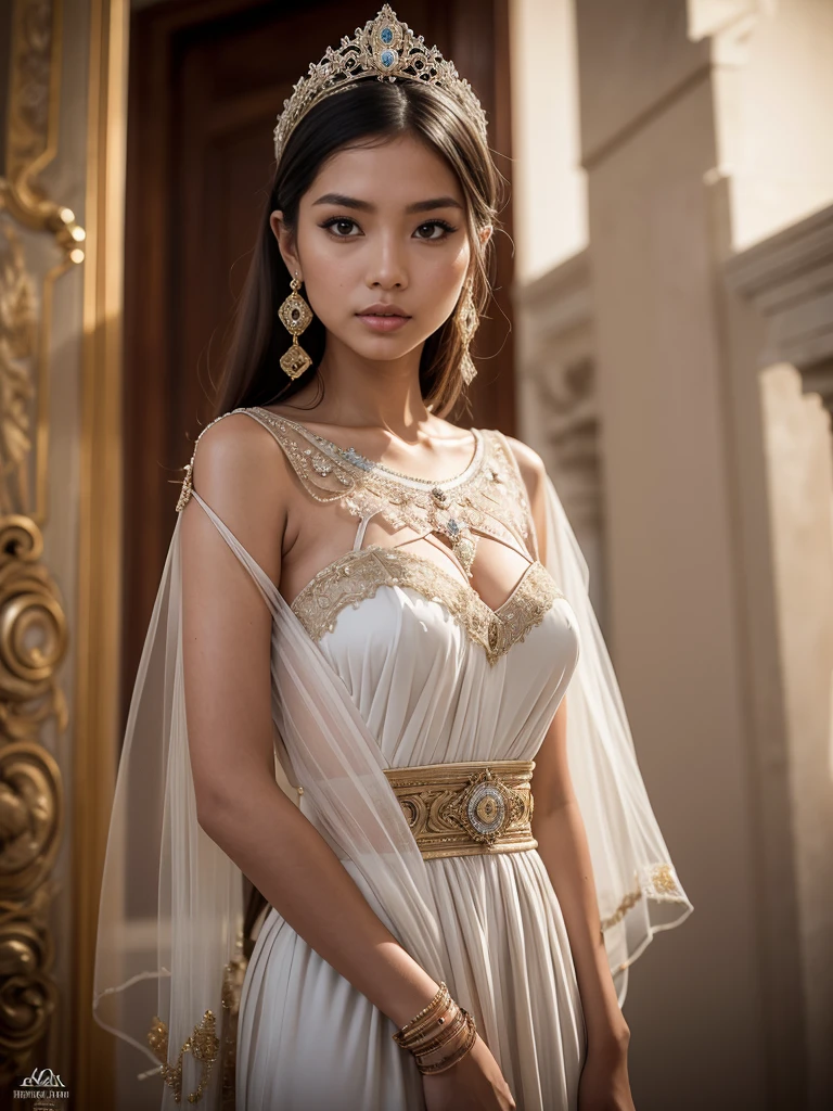 RAW Photo, Masterpiece, 1 girl, solo, Imagine a Roman wedding in Futuristic Imperial Rome, 3500AD, where the strikingly beautiful and noble princess Abriana, a 27 years old Indonesian noble girl, (height 176cm,slim body, 36-24-36 body ratio,light brown hair,white pale bright asian skin,ultra detailed noble yet seductive face). princess Abriana, a 27 years old Indonesian noble girl is radiant in her elegance and embodies the ideal of Indonesian asian femininity, her youthful beauty enhanced by the luxurious fabrics and sophisticated neo roman style wedding garments, (roman clothings from the 1st century BC:1.2), UHD, 8K, ultra photorealistic