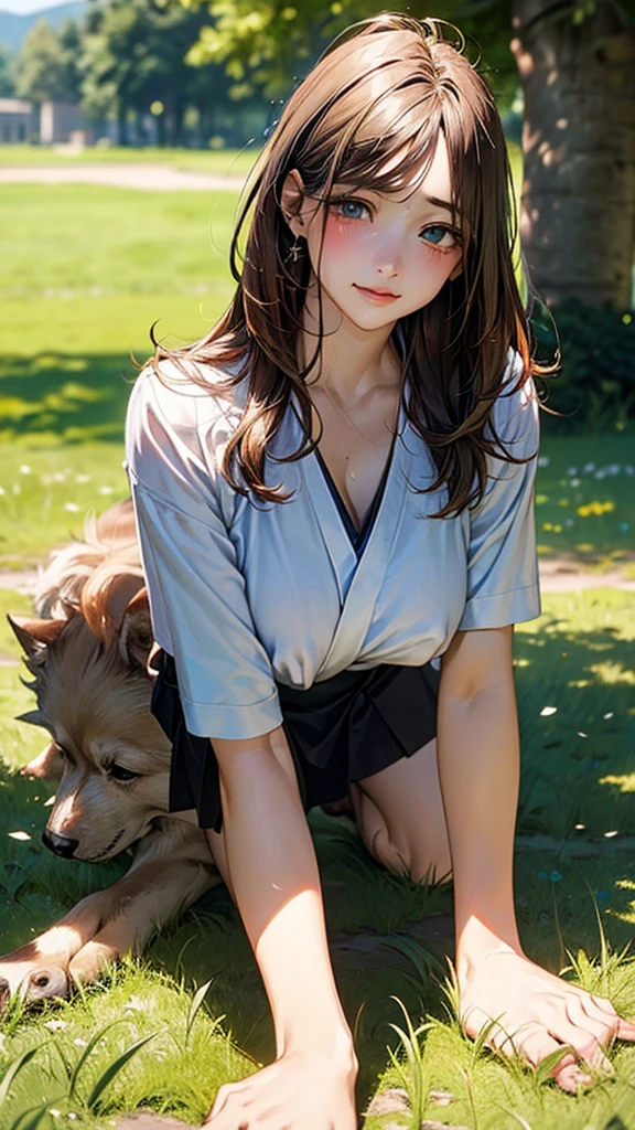 (masterpiece:1.2, top-quality), (realistic, photorealistic:1.4), beautiful illustration, (natural side lighting, movie lighting),
looking at viewer, cowboy shot, front view:0.6, 1 girl, japanese, high school girl, perfect face, cute and symmetrical face, shiny skin,
(long hair:1.8, straight hair:1.7, light brown hair), parted bangs, emerald green eyes, long eye lasher, (large breasts:0.9, thick thighs),
beautiful hair, beautiful face, beautiful detailed eyes, beautiful clavicle, beautiful body, beautiful chest, beautiful thigh, beautiful legs, beautiful fingers,
(A woman is on all fours in a grassy field. A woman is carrying a large dog on her back.)A complete body. Full hands and legs.
Face red, flushed, eyes closed, mouth open, crying out.
Her large breasts and nipples are standing out, even on her shirt. (The skirt is shorter than normal, but even shorter, so short that you can almost see her panties.)The girl has brown hair.
(The skirt is extremely short.) The girl's hair is brown.