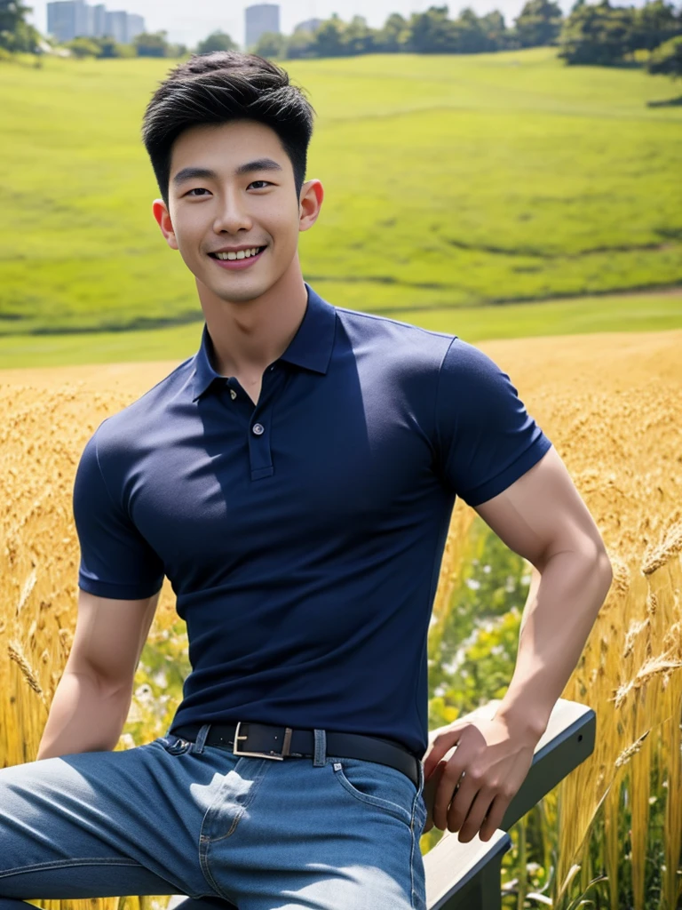 ((realistic daylight)) , Young Korean man in a navy blue polo shirt only, no stripes, and jeans., A handsome, muscular young Asian man looks at the camera.  , in the meadow wheat ,turn sideways, smile