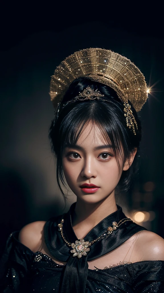 dark, black background, portrait of geisha, sparkles around, gems, glow, mist, insane details, intricate details, hyperdetailed, low contrast, soft cinematic light, dim colors, exposure blend