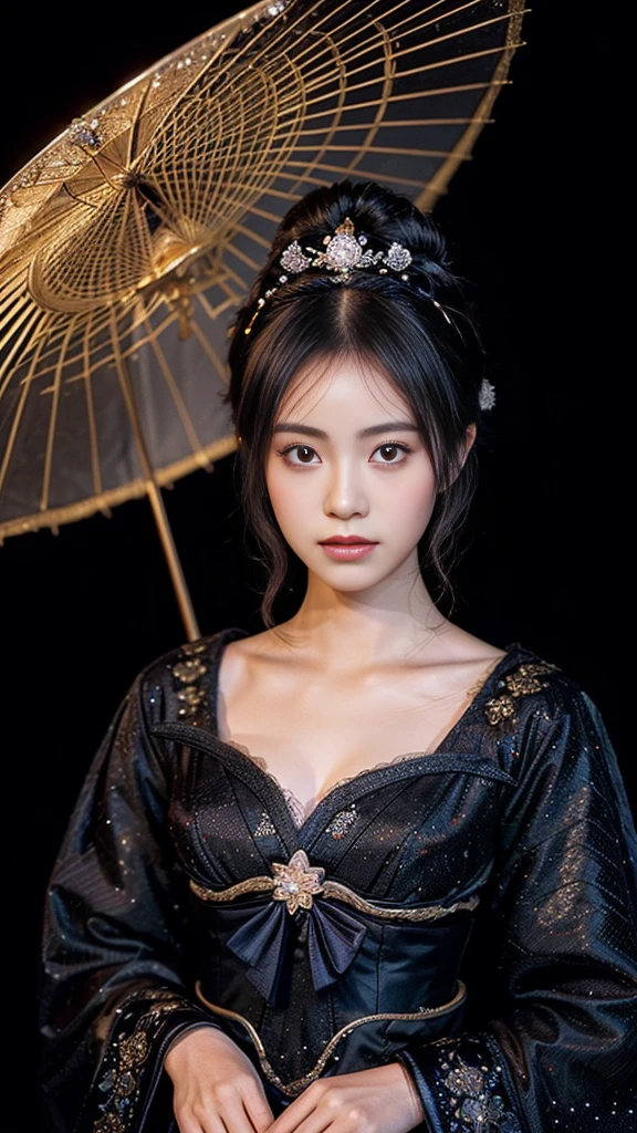 dark, black background,  portrait of geisha, sparkles around, gems, glow, mist, insane details, intricate details, hyperdetailed, low contrast, soft cinematic light, dim colors, exposure blend