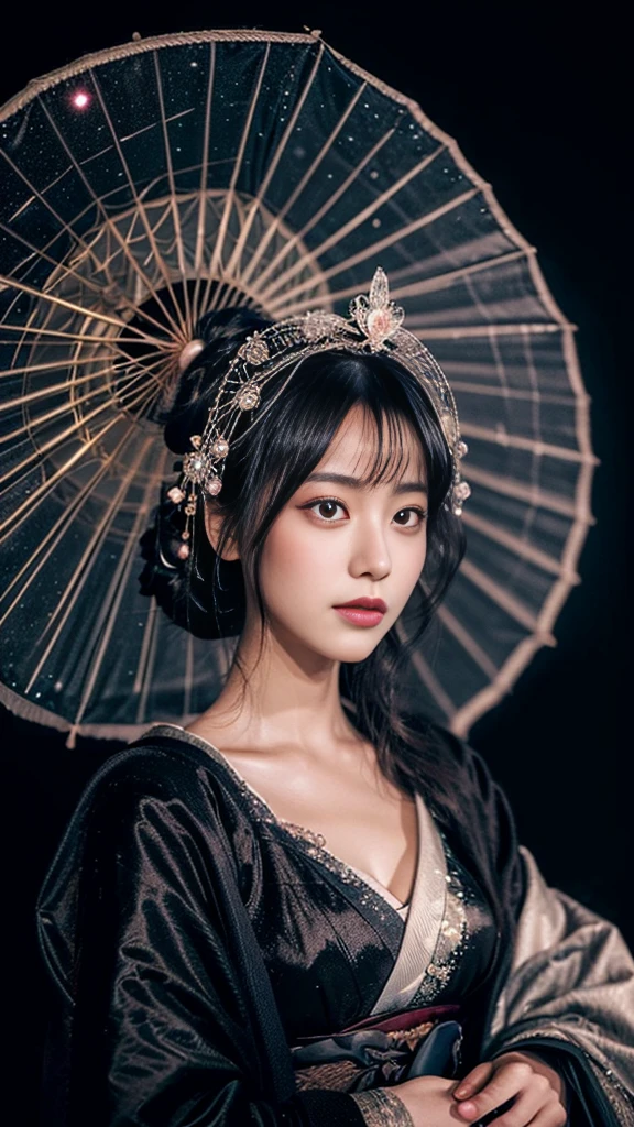 dark, black background, portrait of geisha, sparkles around, gems, glow, mist, insane details, intricate details, hyperdetailed, low contrast, soft cinematic light, dim colors, exposure blend