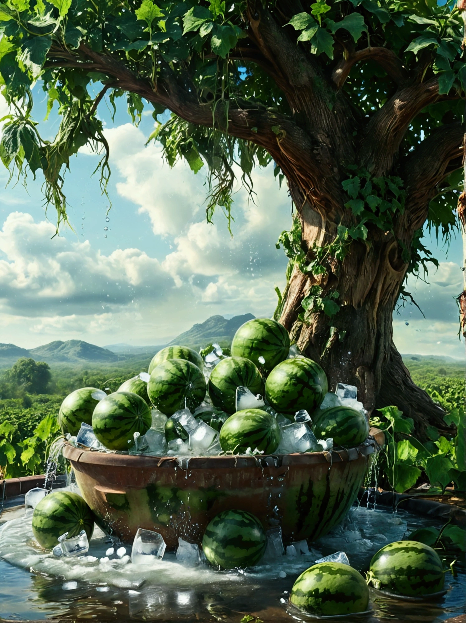 There are 6 green watermelons soaking in a water tank with ice cubes，There is a Tyndall phenomenon under the big tree，Ultra HD, Retina, masterpiece, precise, Super Detail,High Detail, high quality, The award-winning, best quality, high resolution, 16K