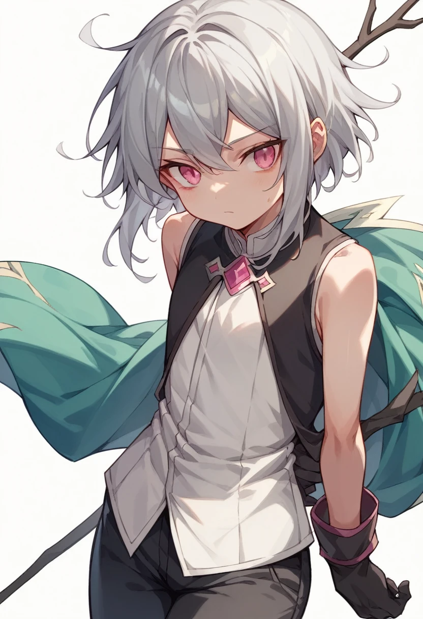 （One girl）、medium length hair、(sidelock)、(Silver Hair)、(sidelock)、((boyish))、((flat chest))、(Healer)、Black Vest、White sleeveless、black stick pants、gloves、say、pink eye、arm behind back、(coarse hair)、20-year-old 、curvy、Broad shoulders、White Background、