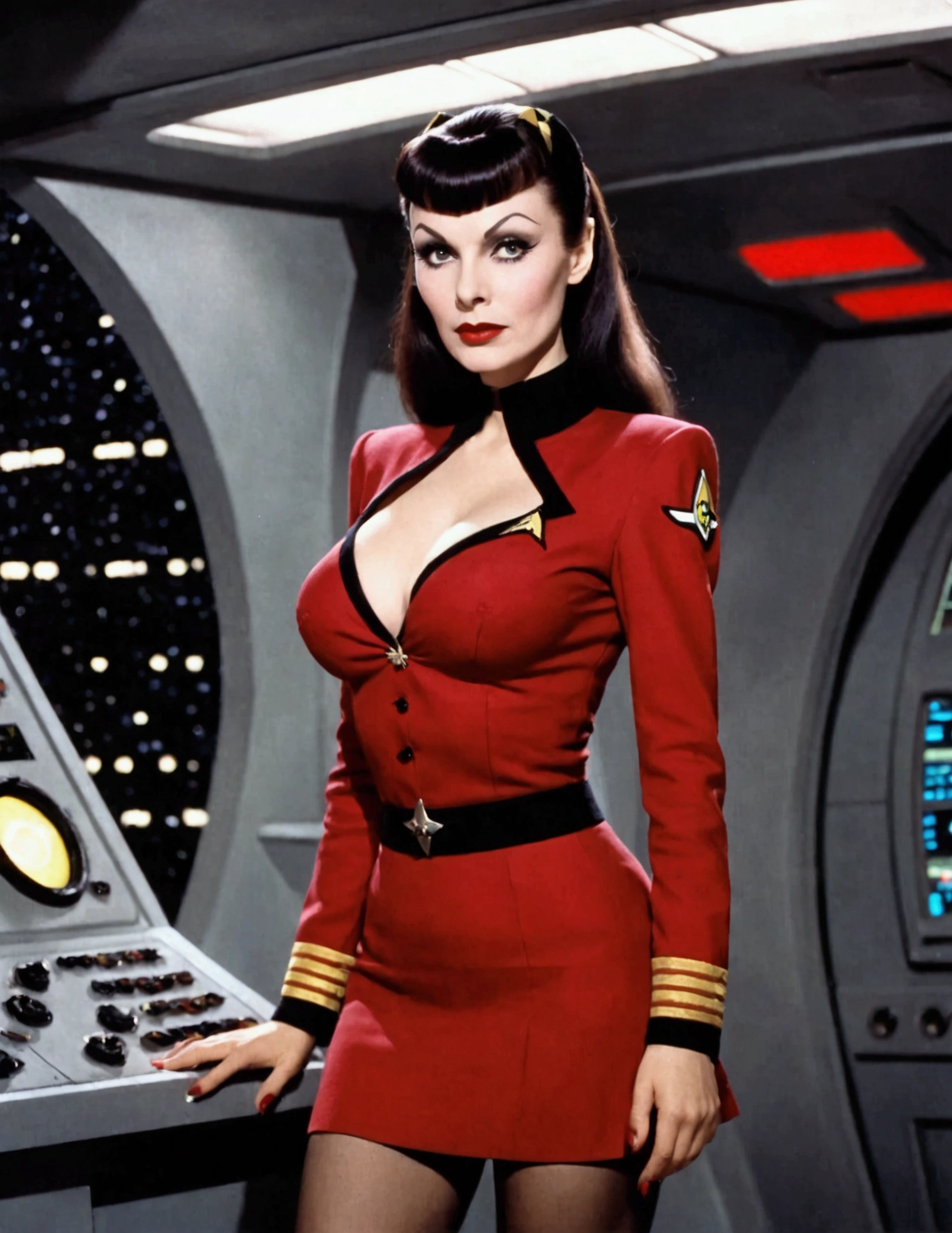 1 woman (Vampira Maila Nurmi, age 25, star fleet mini skirt uniform(breasts over exposed)), visiting the bridge of the Enterprise to advise Captain Kirk