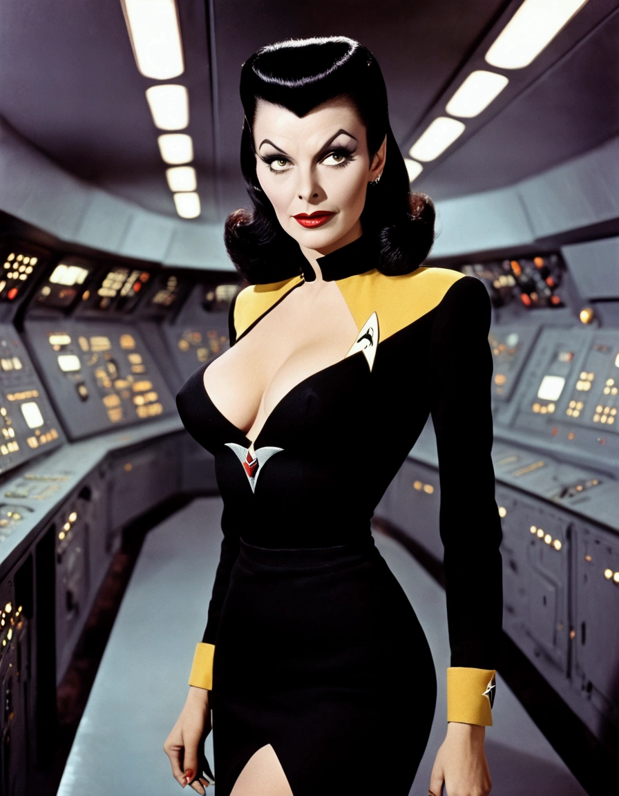 1 woman (Vampira Maila Nurmi, age 25, star fleet mini skirt uniform(breasts over exposed)), visiting the bridge of the Enterprise to advise Captain Kirk