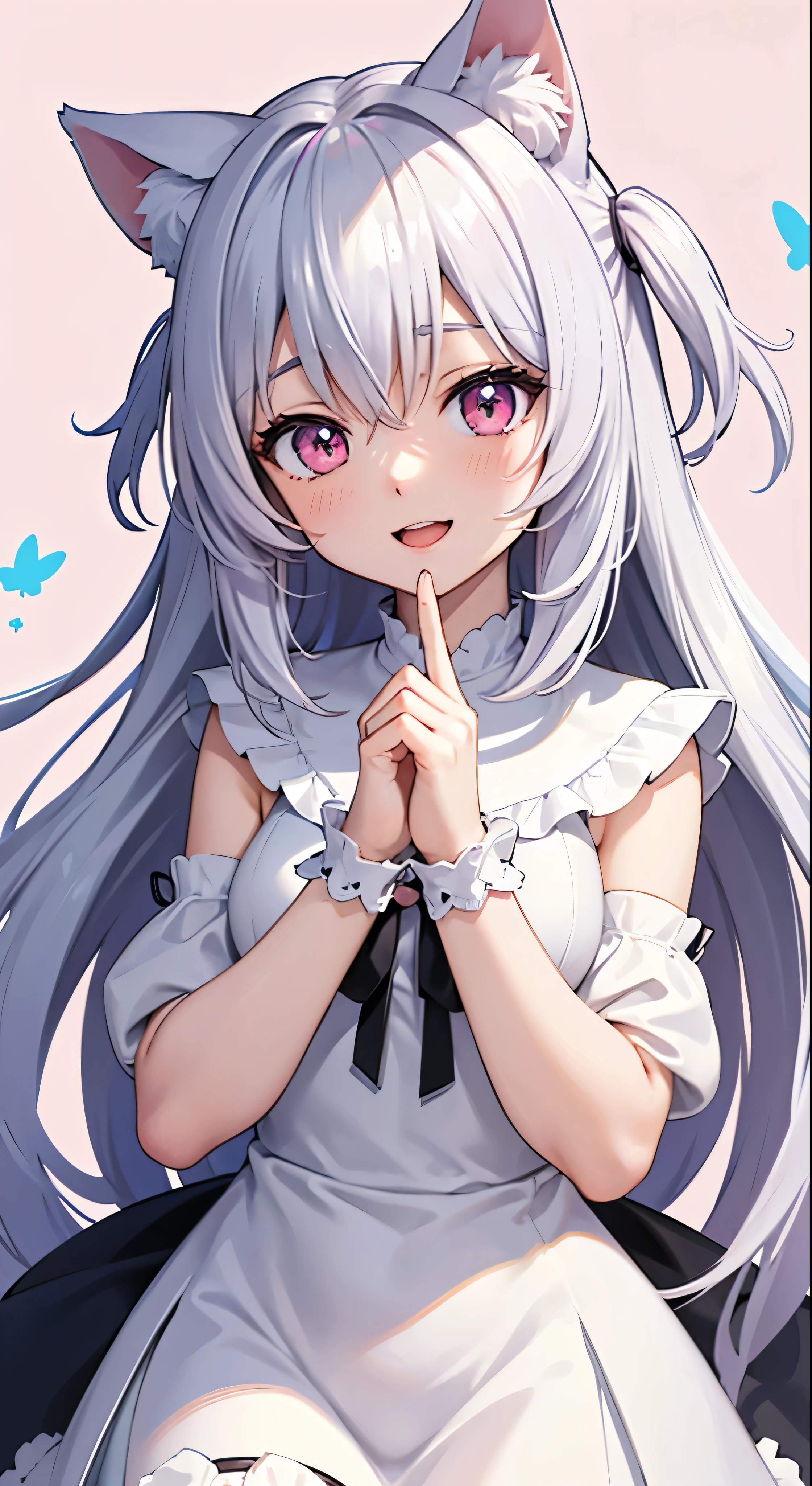 An anime girl with a pair of Cat ears, the inside of the ears a soft white fluff, her eyes wide and curious, she Excited and happy to see me, beautiful eyes, white hair, pink eyes, good art, good drawing, anime 2d, 2d, cute, 2 hands and 5 fingers on each hand, beautiful hands, good drawn hands, 4k, 8k,