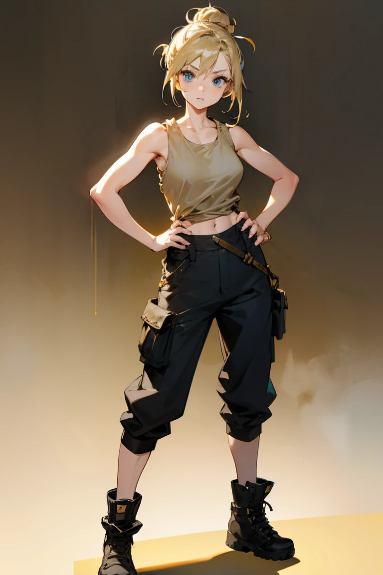 1female, woman, blonde hair, blue eyes, messy bun, white tank top, black cargo pants with gold designs, black combat boots, foggy background, standing, hands on hips