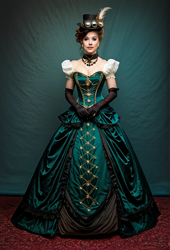 A steampunk aristocrat enchantress attends a ball wearing a gown that embodies the ingenuity of the Victorian era