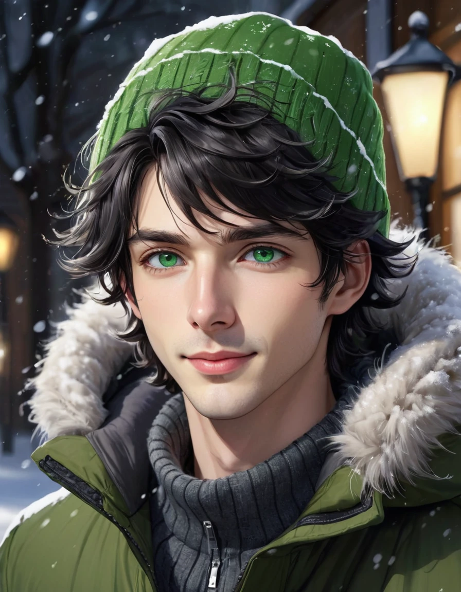 (best quality), 1boy, male, pale skin, black hair, medium hair, curtain hair, tousled hair, green eyes, perfect eyes, dark circles under eyes, tall, slender, handsome, strong jawline, lazy, light smile, attractive, sleepy, winter hat, winter coat, masterpiece, anatomically correct, highres
