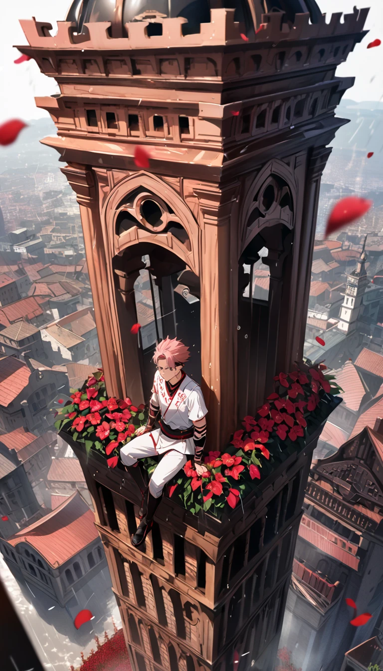 A 25 year old adult man, named "Royaman Sukuna" with pink hair, with a distinctive chiri diwaja tattoo, was sitting on top of the city tower, with the effect of falling rain water drenching him, and red orchid flower petals flying.