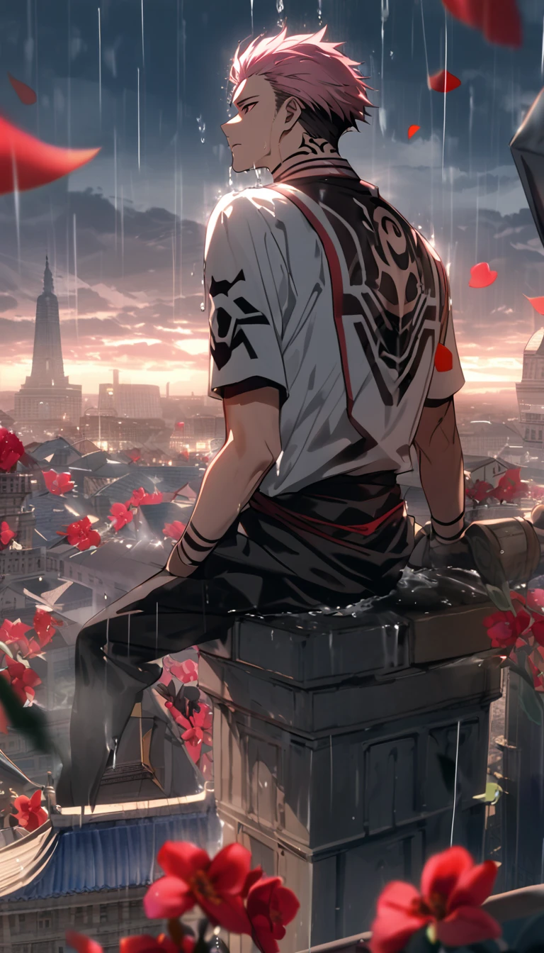 A 25 year old adult man, named "Royaman Sukuna" with pink hair, with a distinctive chiri diwaja tattoo, was sitting on top of the city tower, with the effect of falling rain water drenching him, and red orchid flower petals flying.