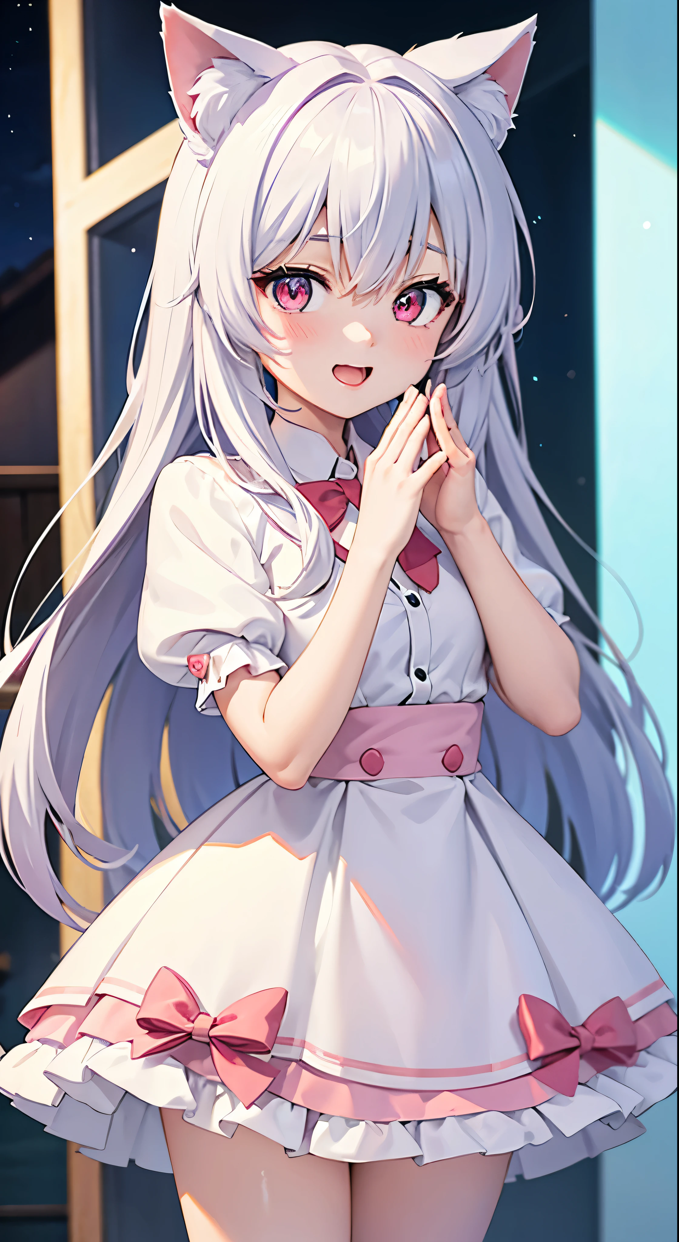 An anime girl with a pair of Cat ears, the inside of the ears a soft white fluff, her eyes wide and curious, she Excited and happy to see me, beautiful eyes, white hair, pink eyes, good art, good drawing, anime 2d, 2d, cute, 2 hands and 5 fingers on each hand, beautiful hands, good drawn hands, 4k, 8k,