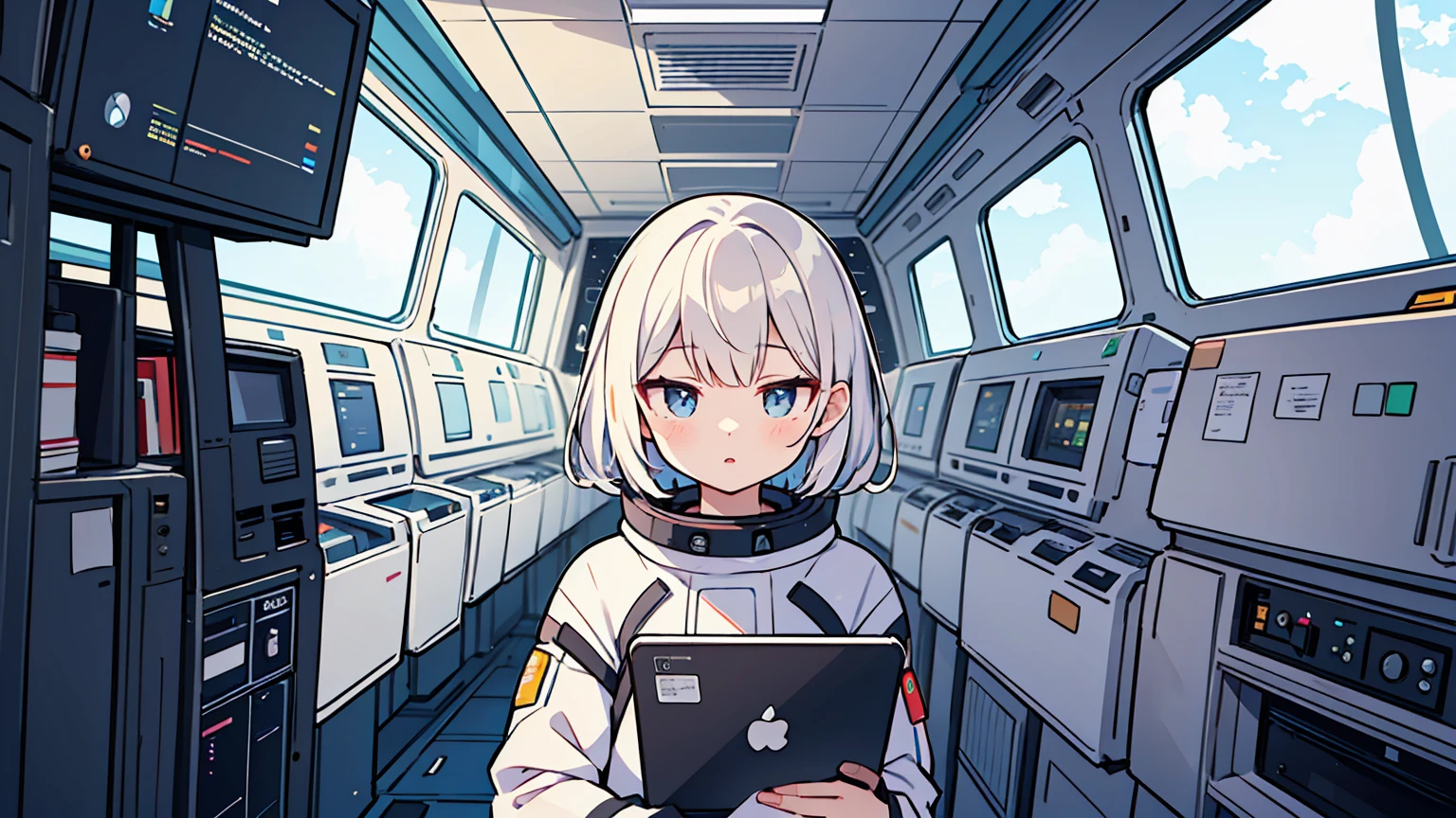 (masterpiece, best quality),1 woman, different hair colors, different faces,letterboxed, perfection of fashion,chapped lips, casual attire, upper body, Studying alone with a tablet,eyes are on the tablet,I look towards the glass window,side,in space,Inside the space station, glass ceiling, glass walls,You can see the Earth through the floor-to-ceiling window, space suit,