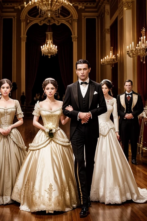I want a period drama movie poster, where three women and three men should be scattered across a beautiful ballroom. The women should be in Victorian ball gowns and the men should be in tuxedos. There should be one blonde woman in the centre in the most beautiful dress