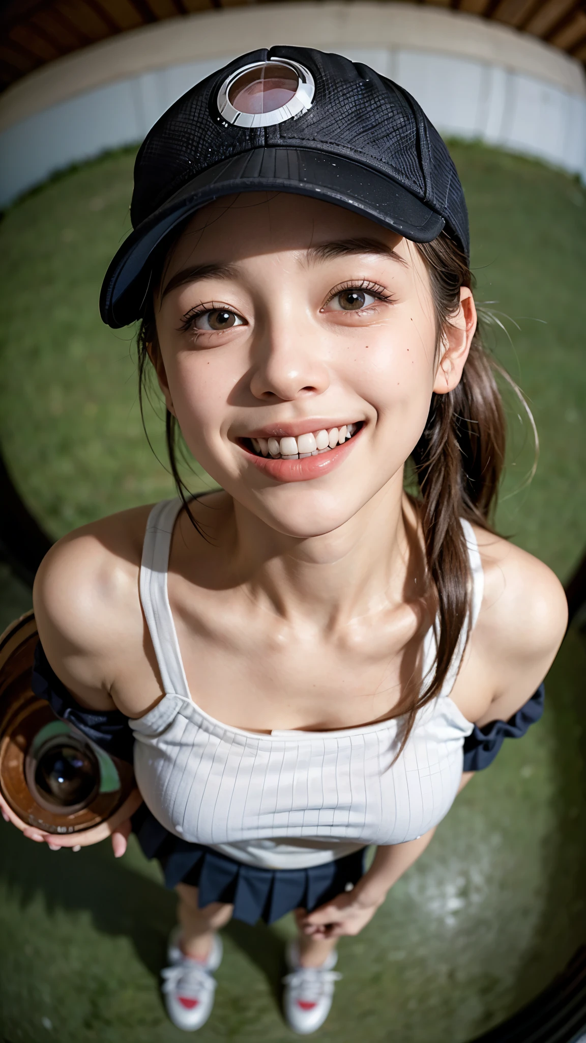 Highest quality, masterpiece, Ultra-high resolution,8k, (Realistic:1.6), ((Smiling widely with his mouth wide open and showing his teeth:1.6)),(Close-up portrait:1.4) RAW Photos,((Omotesando Station))、 ((Off-the-shoulder baseball shirt,Pleated mini skirt)),((Soft looking breasts,Nipples seem to be visible)),((Full body photo)),1 person,A slim 26-year-old adult woman,((Ponytail and cap)),((NEWERA Cap)),((Looking up at the audience)),Face Focus:1.4,((Photographed from above with a fisheye lens:1.4)),